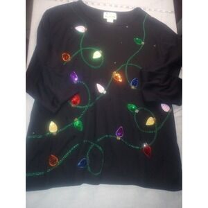 Quaker Factory Christmas Light Strand Sequin Long Sleeve Pullover 1x